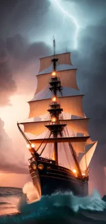 Majestic ship sails through stormy seas under dramatic lightning.