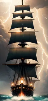 A majestic ship sails through a storm with dark clouds and lightning.