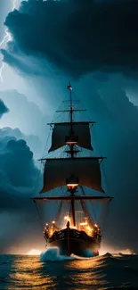 Majestic ship sails through stormy seas with dramatic lightning in the sky.