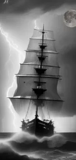 Majestic ship amidst stormy seas with lightning and full moon.