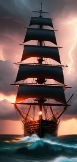 A majestic ship sails through stormy seas with lightning in the background.