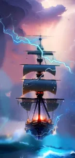 Majestic ship sails through a storm with bright lightning and dark clouds.