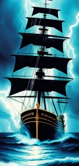 Majestic ship sailing through stormy seas with lightning striking the sky.