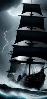 Majestic sailing ship in a stormy ocean with lightning in the night sky.