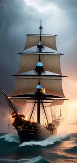 Majestic ship on stormy seas with dramatic lightning.