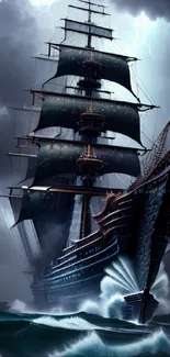 Majestic ship sailing through a stormy sea, surrounded by dark clouds.