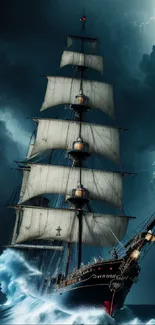 Dynamic wallpaper of a ship sailing amid stormy seas and lightning.