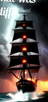 Majestic ship sails through storm with lightning in the background.