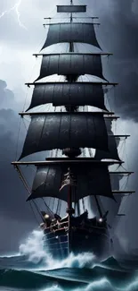 Majestic ship sailing in a stormy sea with lightning in the background.