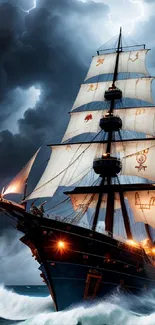 A tall ship navigates stormy seas with lightning in the background.