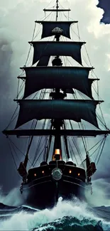 Majestic ship sailing through stormy seas with dark clouds.