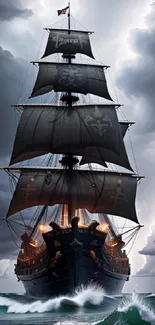 A majestic ship sails through stormy seas under dark clouds in a dramatic scene.