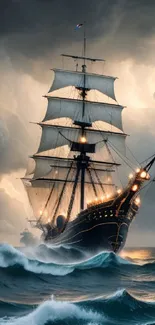 Majestic ship sails through stormy ocean waves under dramatic clouds.