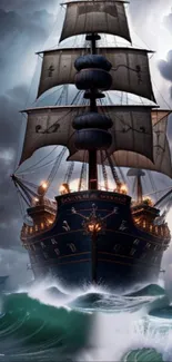 Majestic ship sailing through stormy seas, dark sky overhead.