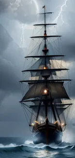 Majestic ship braving the stormy seas with lightning overhead.