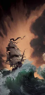 Majestic ship battling stormy seas with dramatic waves.