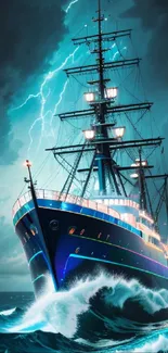 Ship navigates stormy seas under striking lightning in captivating wallpaper.