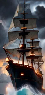 Majestic ship sailing through stormy seas with dramatic sky backdrop.