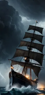 Majestic ship braving stormy seas with lightning in the background.