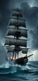 Majestic ship sails through a dramatic ocean storm with dark clouds.