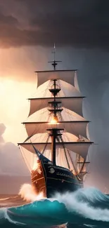 Majestic ship with sails battling stormy seas under dramatic skies.