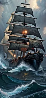 Majestic ship braves stormy ocean waves under a dramatic sky.