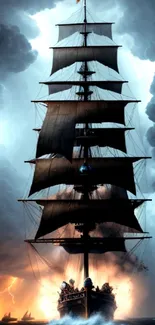 Majestic ship sailing through stormy ocean with dramatic clouds and waves.