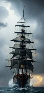 Ship navigating stormy seas with dramatic sky and ocean waves.