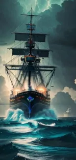 Majestic ship sailing through stormy seas with dramatic clouds and waves.