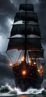 Majestic ship navigating stormy seas with dramatic lighting.