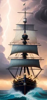 Majestic ship sailing through stormy seas with dramatic clouds and lightning.