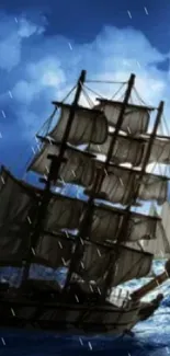 Ship battling stormy waves under dark clouds in a dramatic ocean setting.