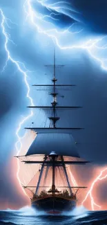 Majestic ship sailing through a dramatic storm with lightning.