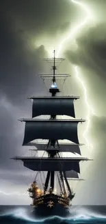 Majestic sailing ship under stormy skies with lightning illuminating the scene.