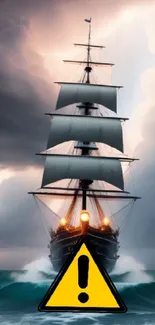 Majestic ship navigating stormy seas with dramatic clouds and rough waves.