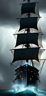 Majestic ship sailing through stormy seas with lightning and dark clouds.