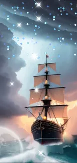 Majestic ship sails through stormy seas under a star-filled sky.