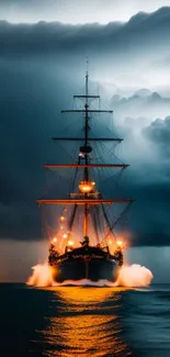 Majestic ship sails through stormy, dramatic seas at night with illuminating glow.