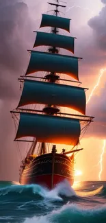 Dramatic mobile wallpaper of a ship sailing through stormy seas under lightning.