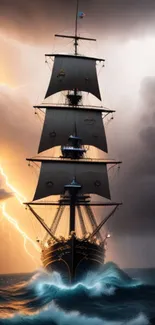 Ship sailing through stormy seas with lightning in the background.