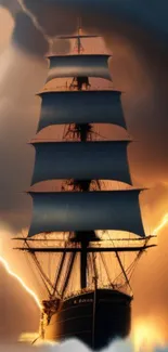 Tall ship sails through stormy skies with dramatic lightning strikes in the background.