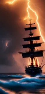 Ship braves storm with lightning overhead, creating a dramatic scene.