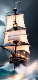 Majestic ship navigating through stormy ocean waves under dark skies.