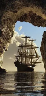 Ship sailing through sunlit cave opening with calm waters.