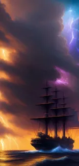 Majestic ship sails through a vibrant, lightning-filled thunderstorm at sea.