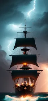 Majestic ship sails through a dramatic lightning storm over the ocean.