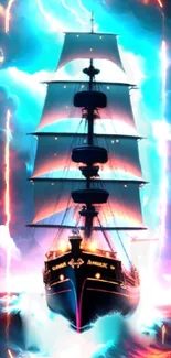 A majestic ship sailing through vibrant, fiery skies and seas, creating a dramatic scene.