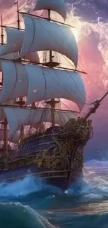 Majestic ship sailing on a mystical ocean under a vibrant, magical sky.