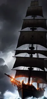 Majestic ship sailing through a stormy ocean with dramatic clouds.