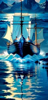 Majestic ship navigates through blue ocean waves at sunset.